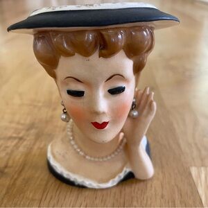 Vintage Lady Head Vase with Hat, earrings, and necklace.